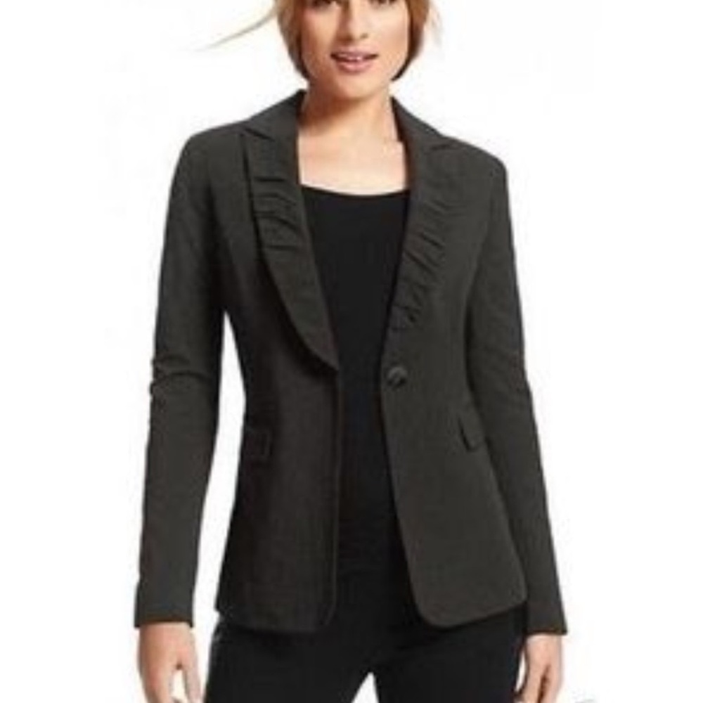 CAbi Style No. 601 Pinstripe Ruched Ruffle Lapel Blazer Size 4